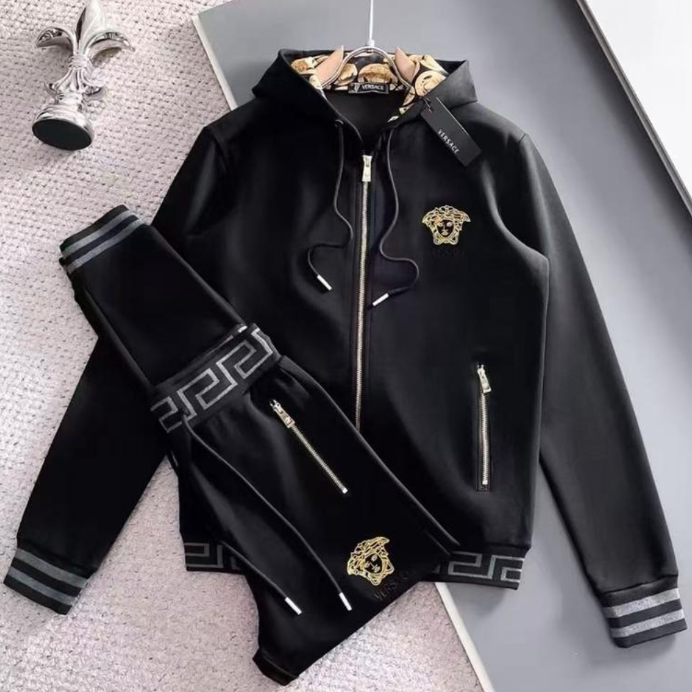 Medusa Embroidery Zip Up Tracksuit Set Black/Gold